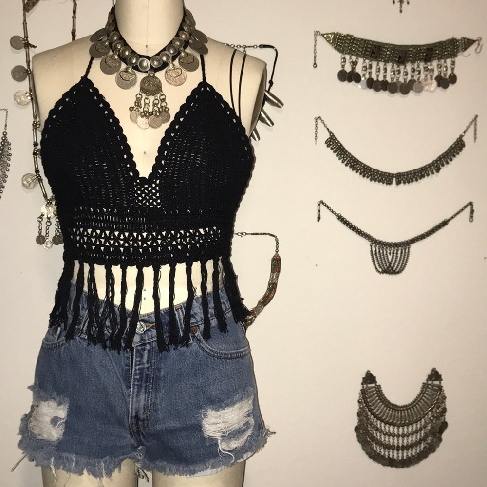 Black Crochet Festival Halter Fringe Crop Top
